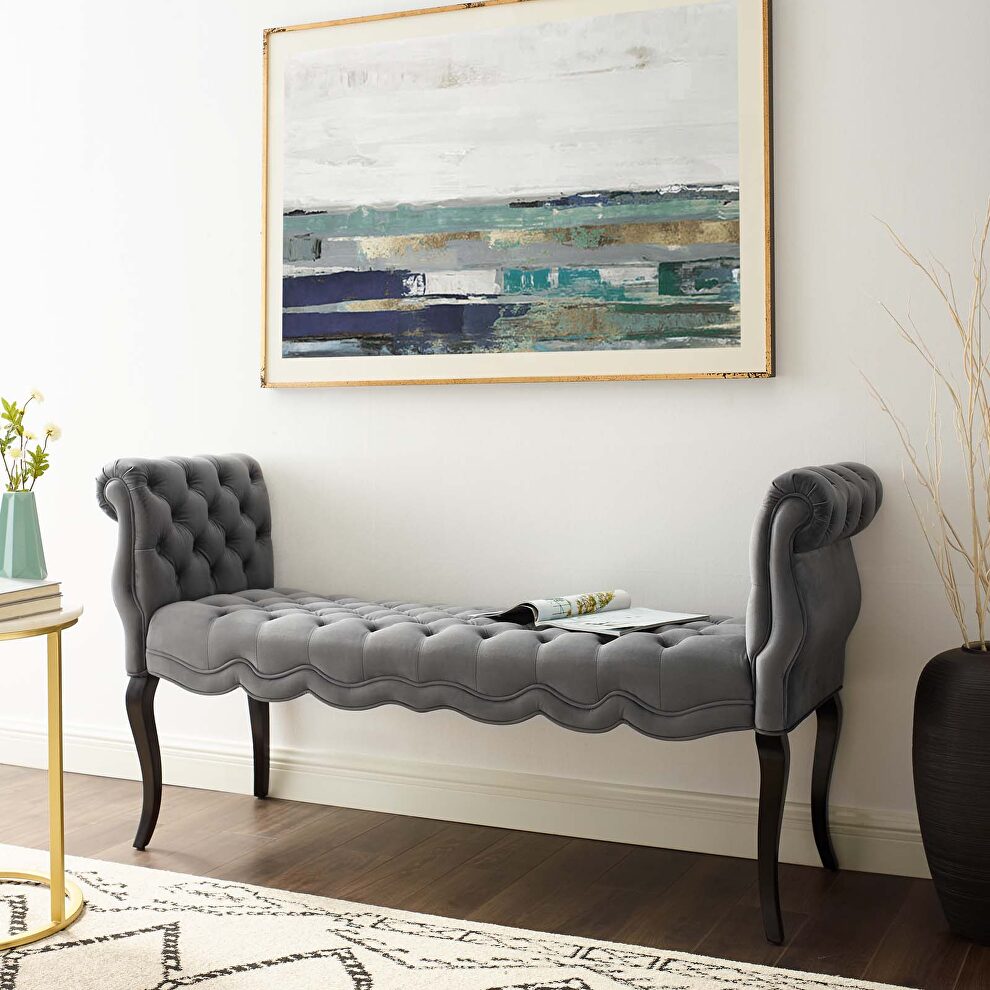 Chesterfield style button tufted performance velvet bench in gray by Modway