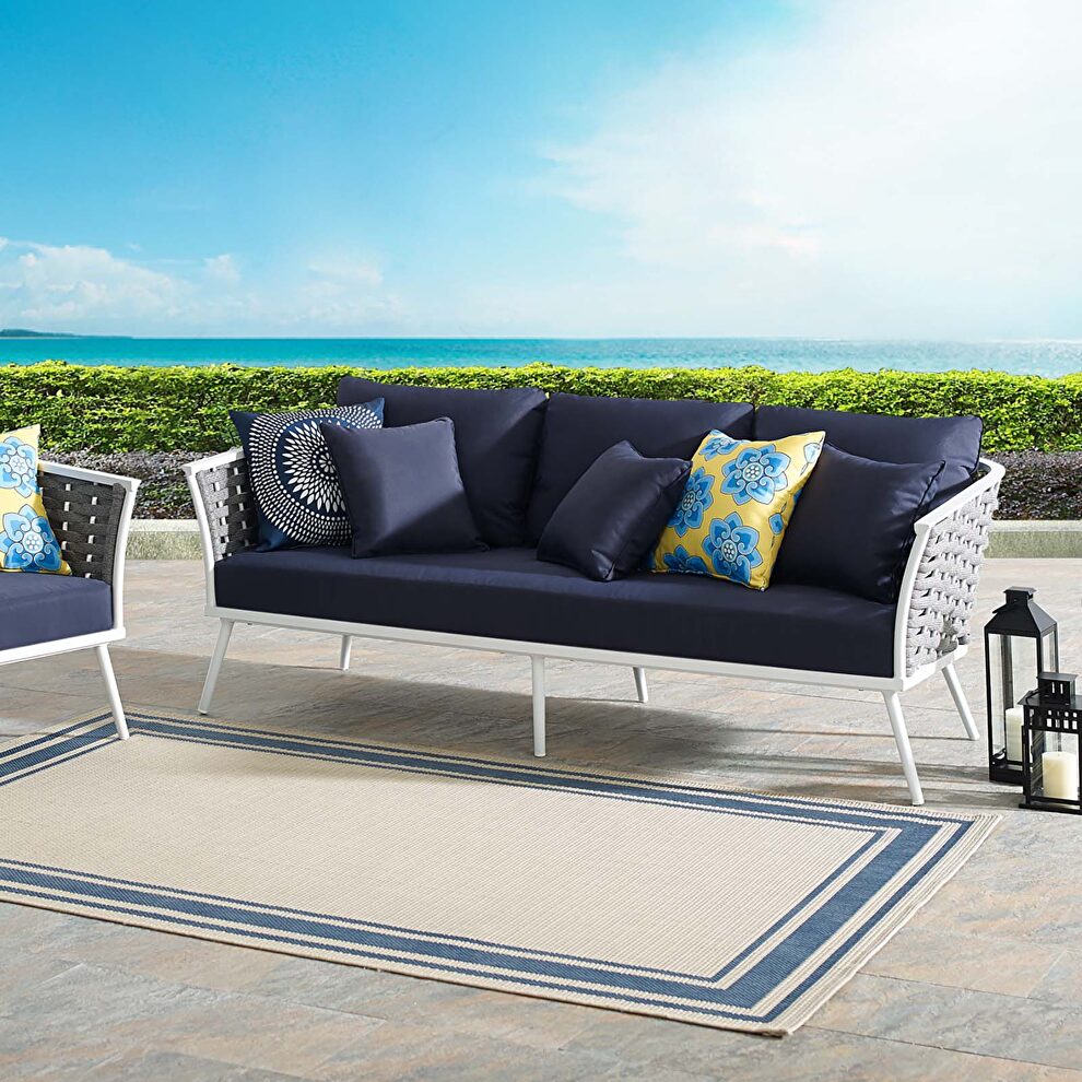 Outdoor patio aluminum sofa in white navy by Modway