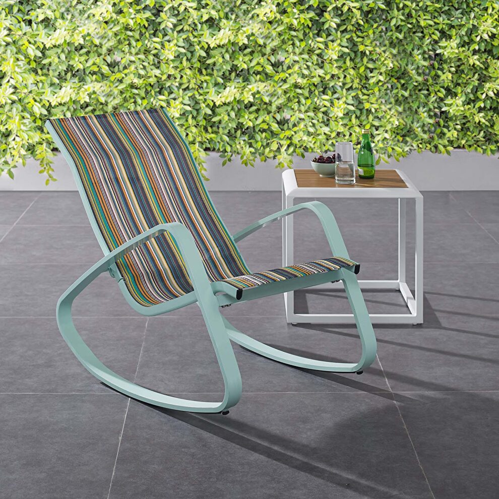 Rocking outdoor patio mesh sling lounge chair in green stripe by Modway
