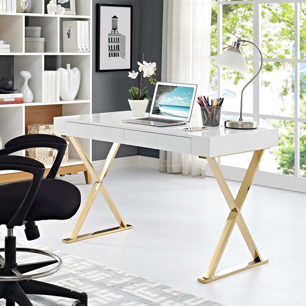 White top / gold legs and base contemporary office desk by Modway