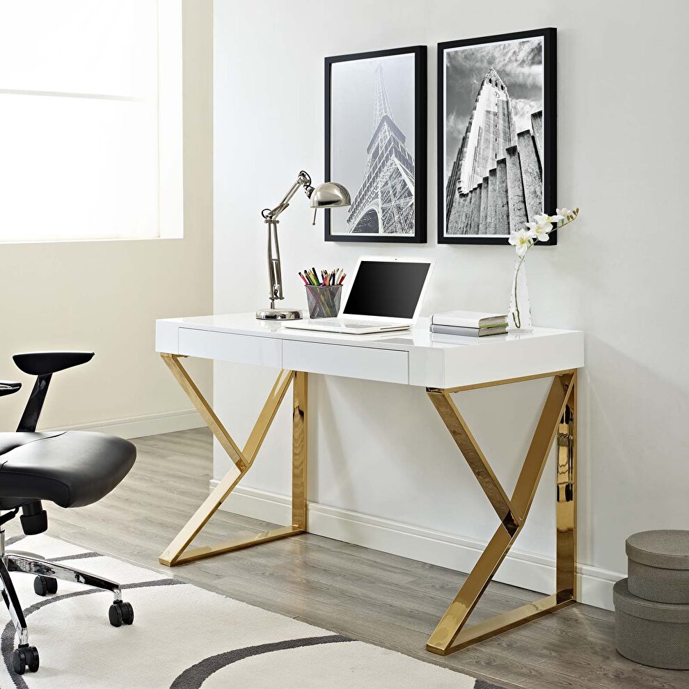 White / gold office computer desk by Modway