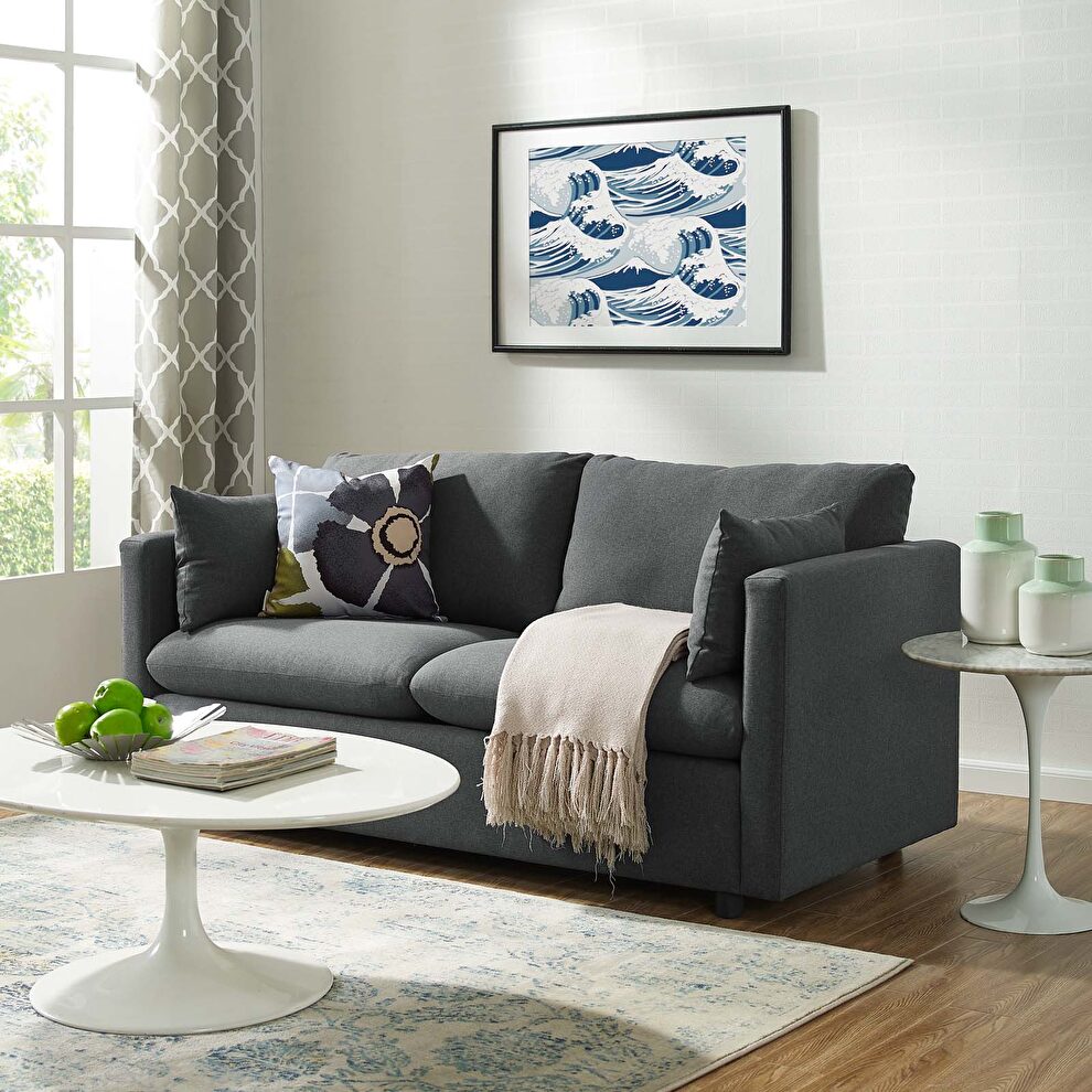 Upholstered cozy style fabric sofa in gray by Modway
