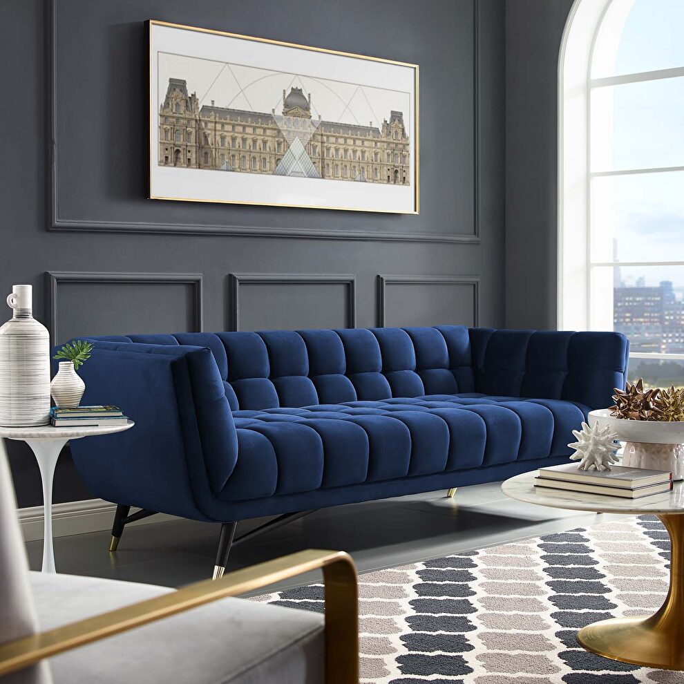 Midnight blue velvet fabric sofa by Modway