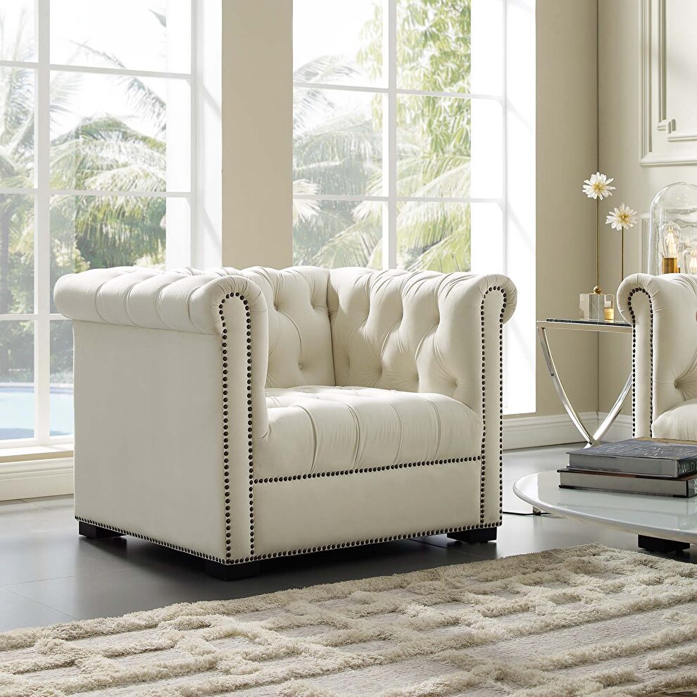 Ivory finish performance velvet upholstery armchair by Modway