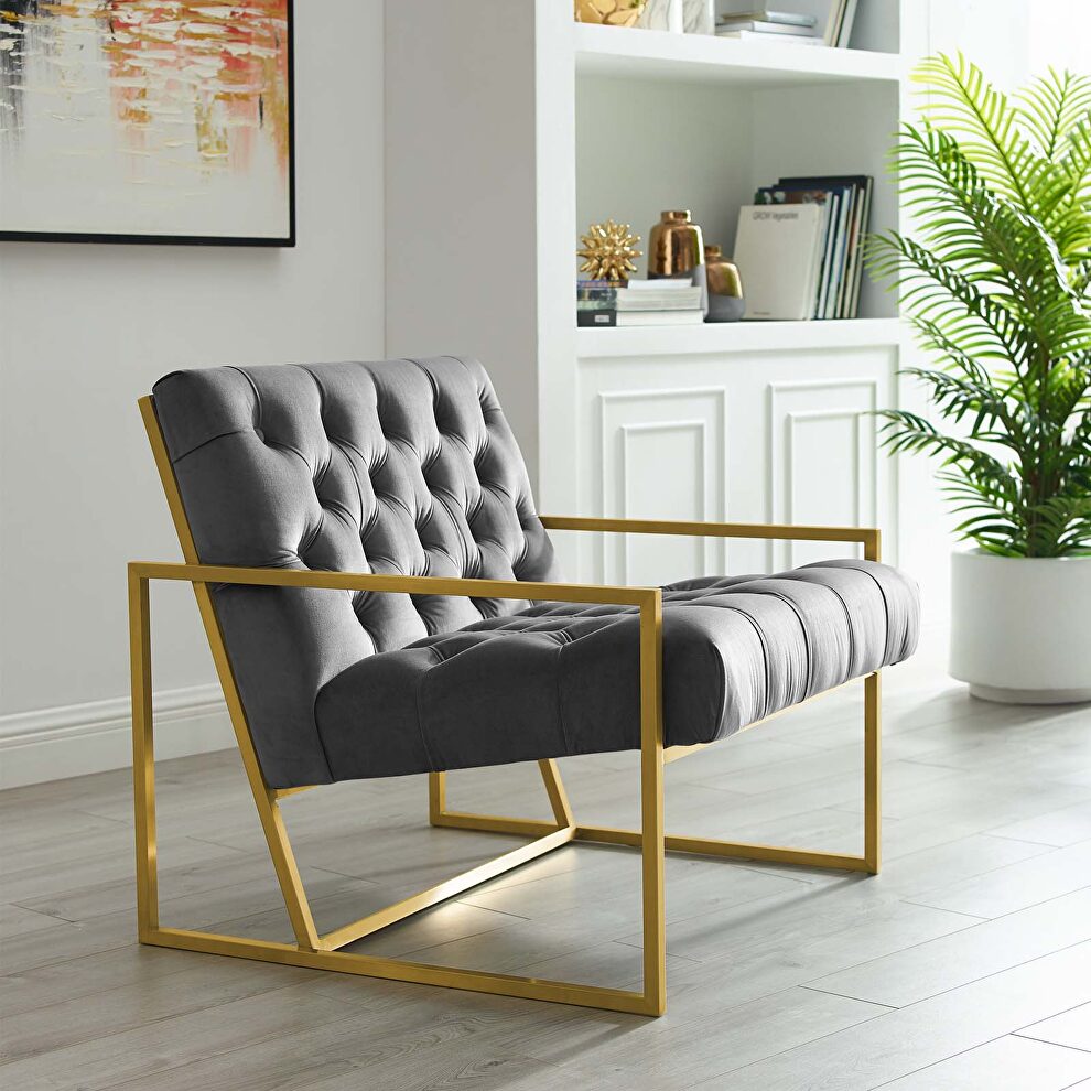 Gold stainless steel performance velvet accent chair in gray by Modway