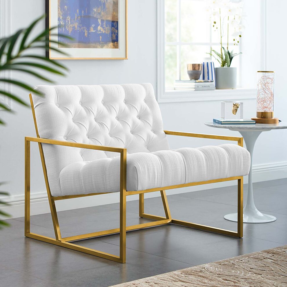 Gold stainless steel upholstered fabric accent chair in white by Modway