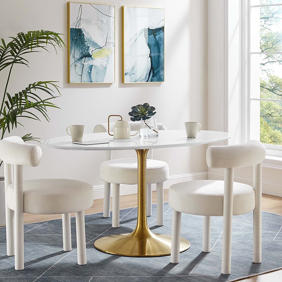 Oval wood dining table in gold white by Modway