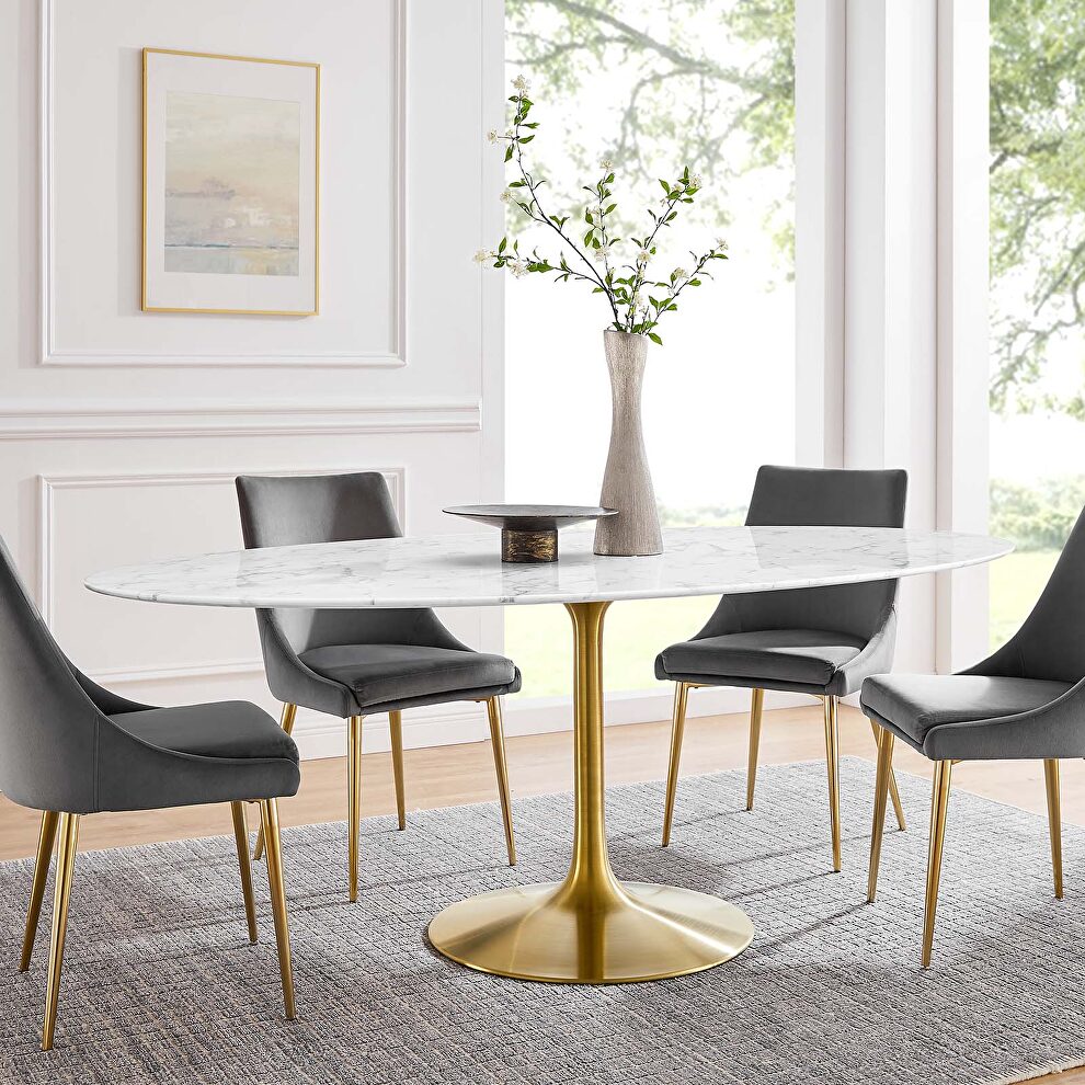 Oval artificial marble dining table in gold white by Modway