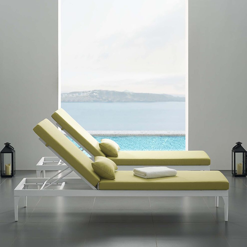 Cushion outdoor patio chaise lounge chair in white/ peridot by Modway