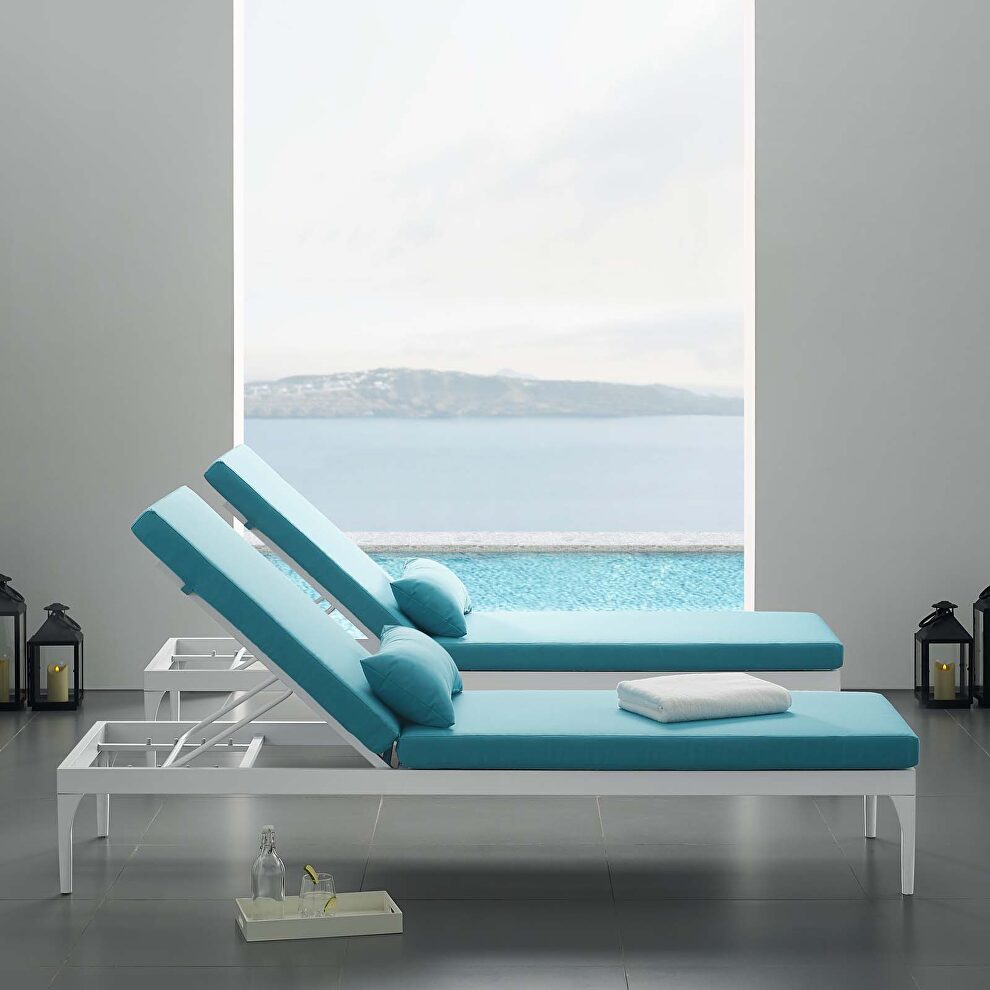 Cushion outdoor patio chaise lounge chair in white/ turquoise by Modway