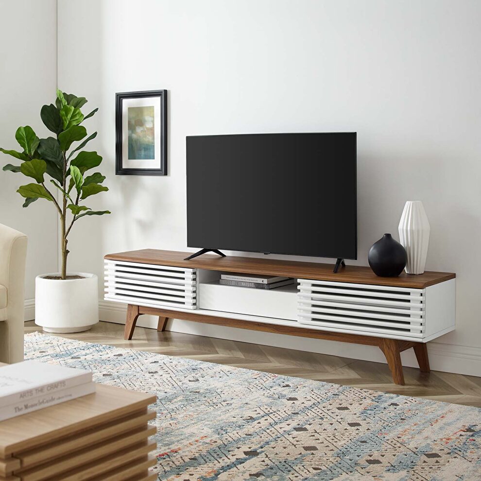 Durable particleboard frame TV stand in walnut/ white finish by Modway