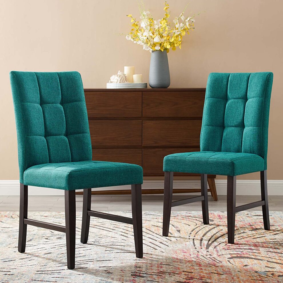 Biscuit tufted upholstered fabric dining chair set of 2 in teal by Modway