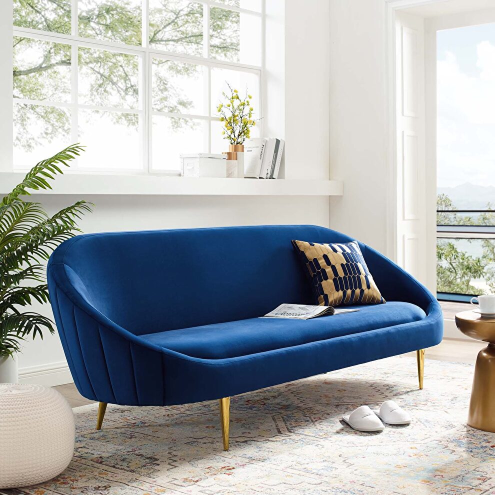 Vertical curve back performance velvet sofa in navy by Modway
