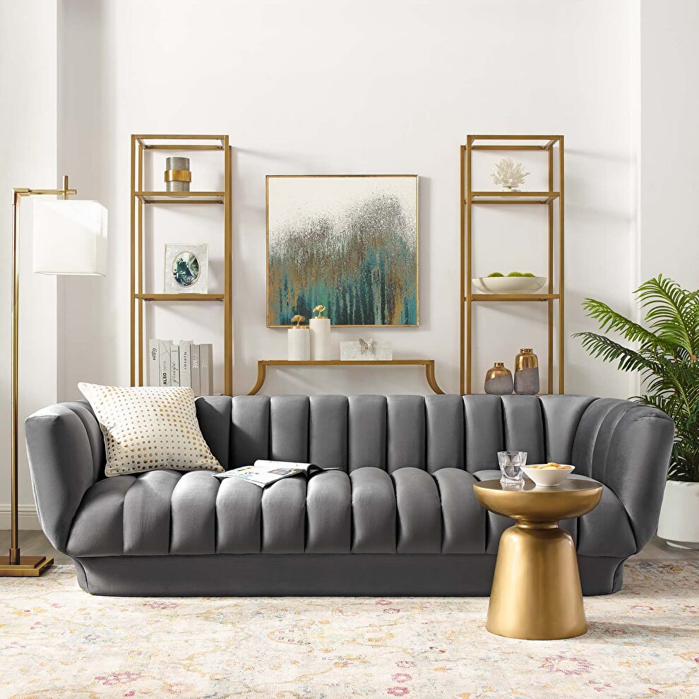 Vertical channel tufted performance velvet sofa in gray by Modway