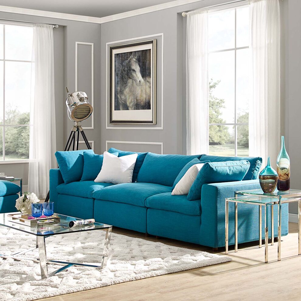 Down filled overstuffed 3 piece sectional sofa set in teal by Modway