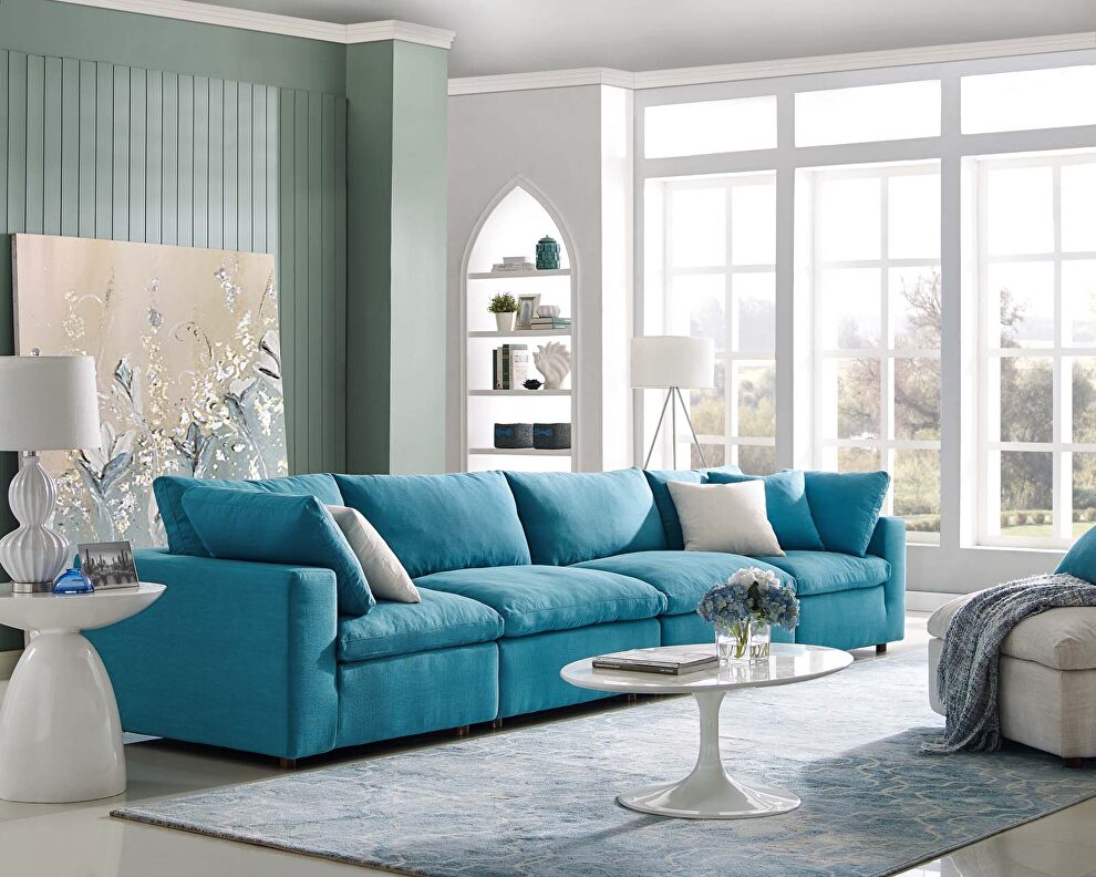 Down filled overstuffed 4 piece sectional sofa set in teal by Modway