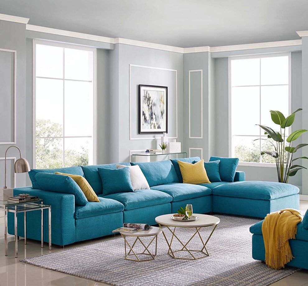 Down filled overstuffed 5 piece sectional sofa set in teal by Modway