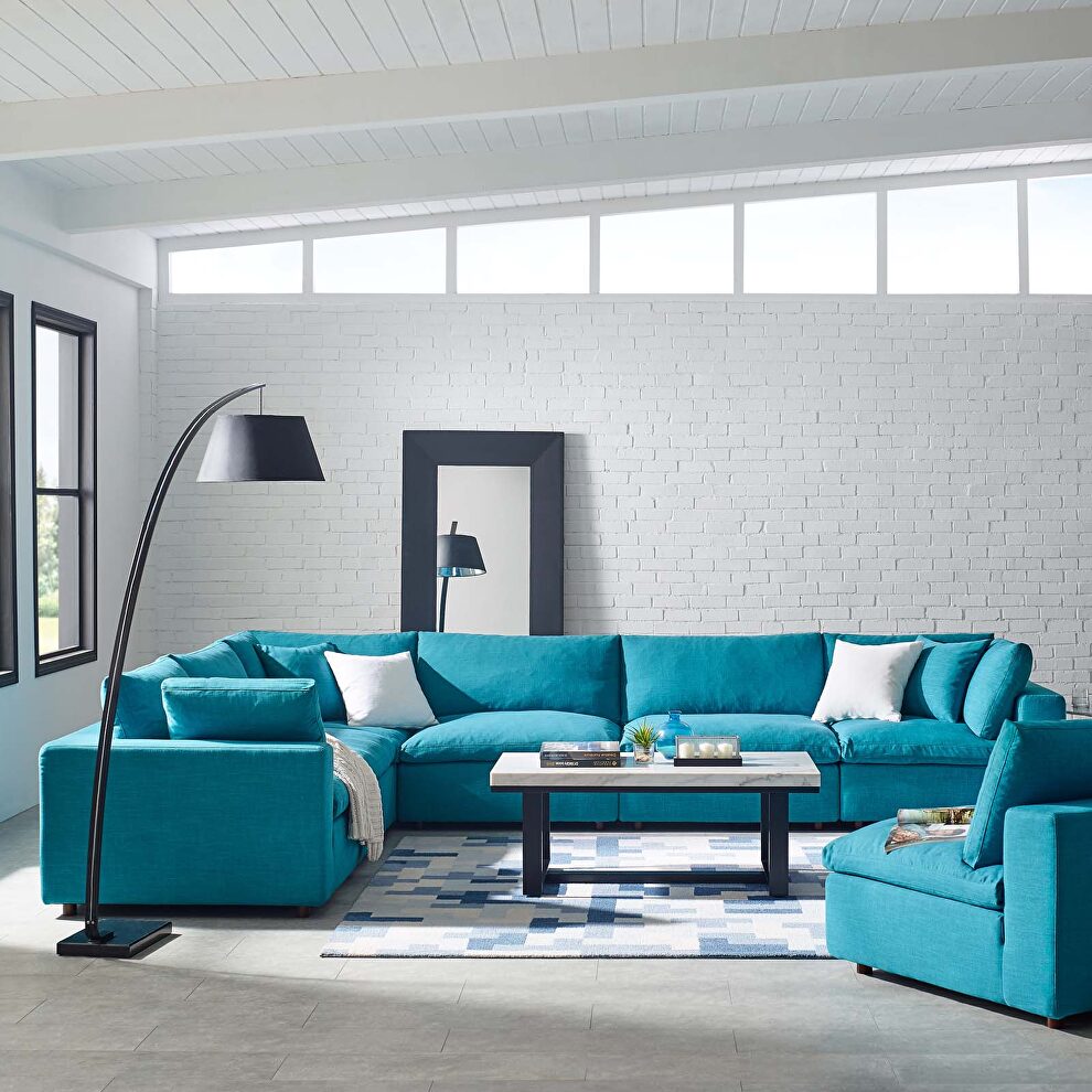 Down filled overstuffed 6 piece sectional sofa set in teal by Modway