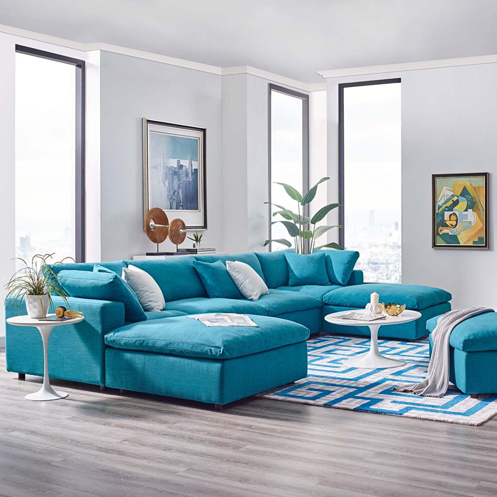 Down filled overstuffed 6 piece sectional sofa set in teal by Modway