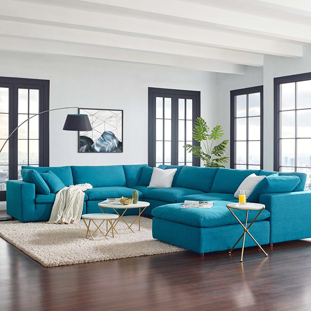 Down filled overstuffed 7 piece sectional sofa set in teal by Modway