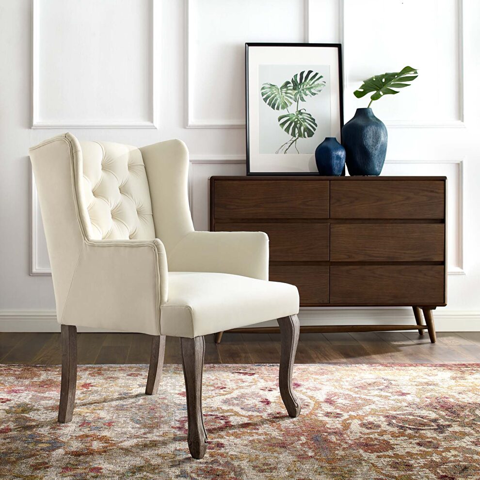 French vintage dining performance velvet armchair in ivory by Modway