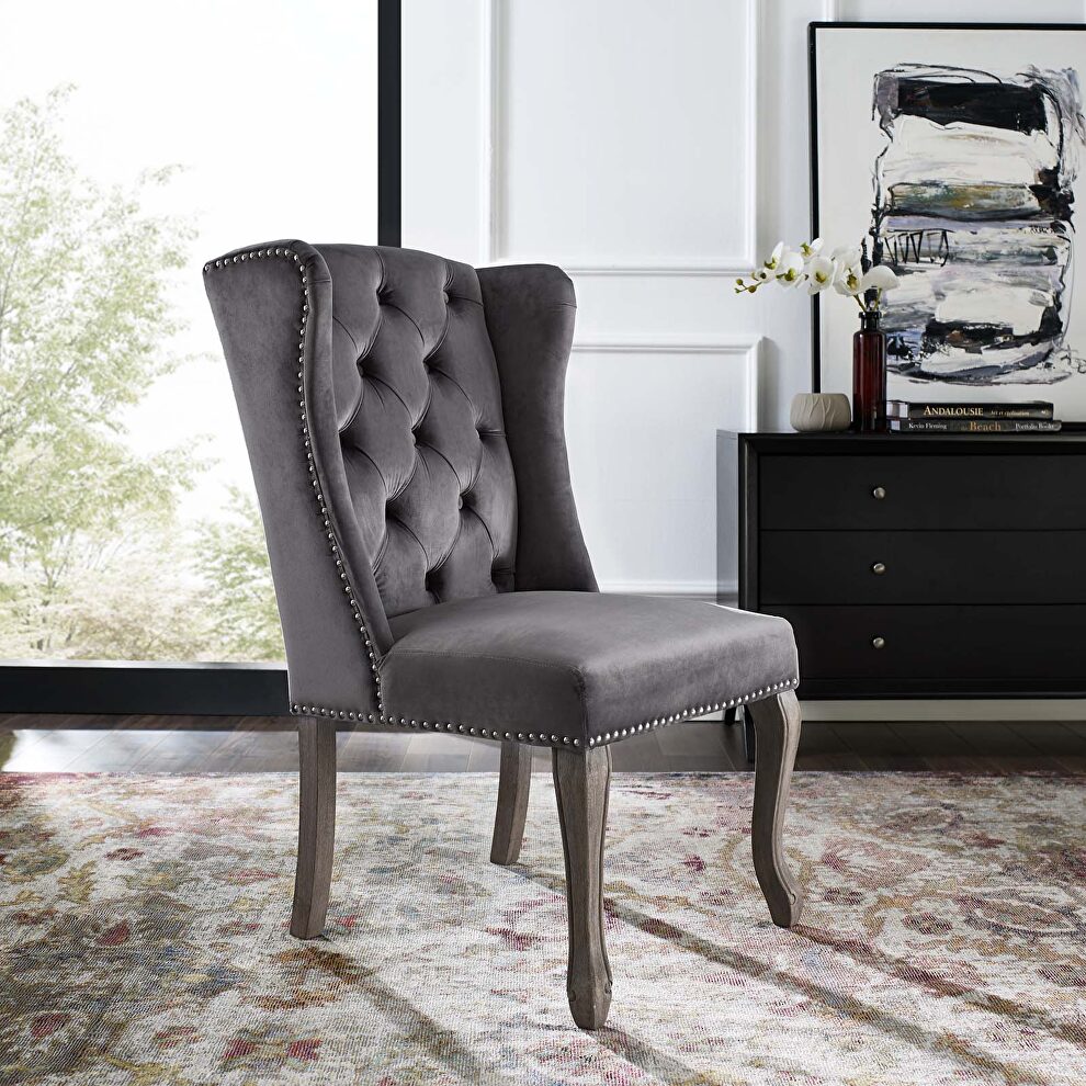 French vintage dining performance velvet side chair in gray by Modway