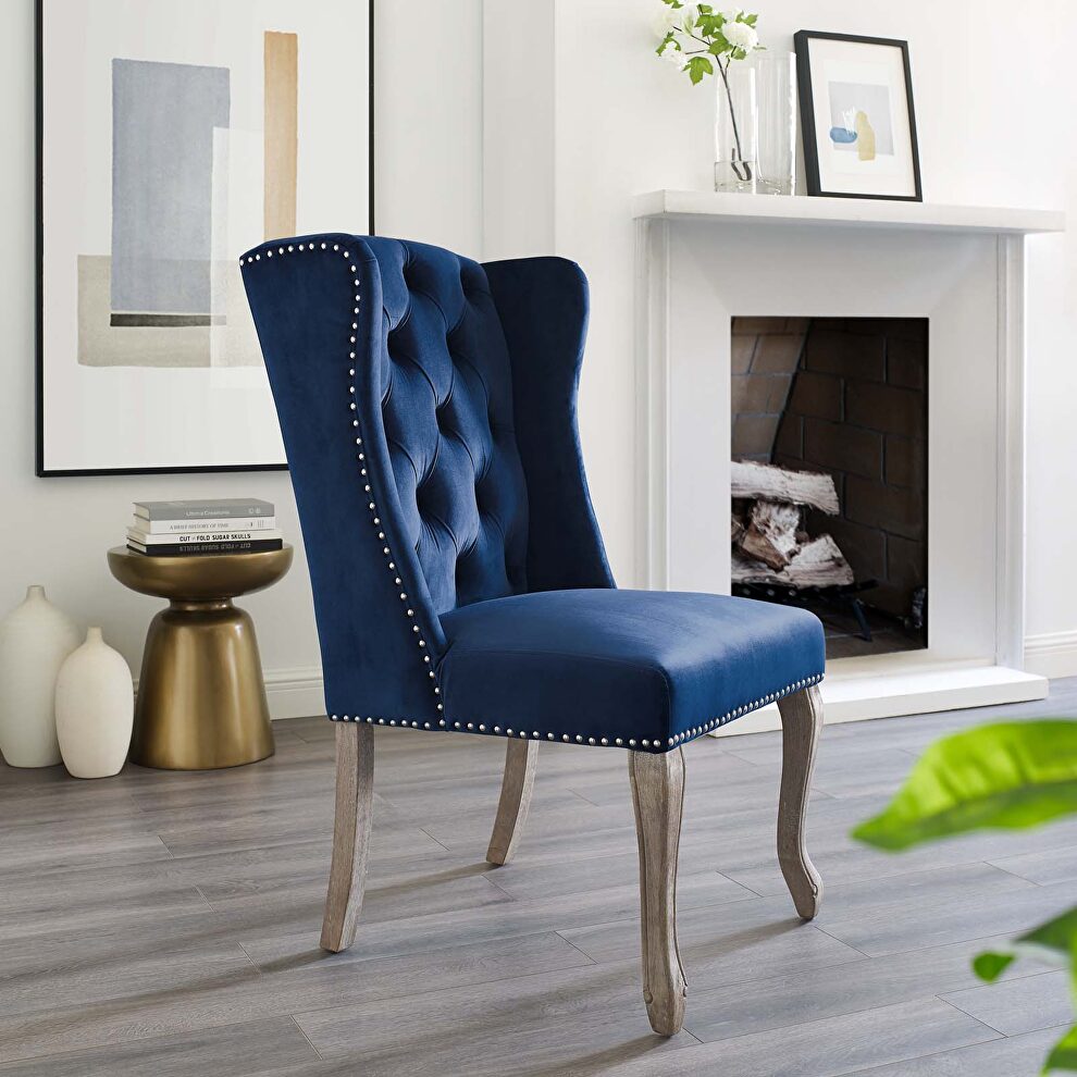 French vintage dining performance velvet side chair in navy by Modway