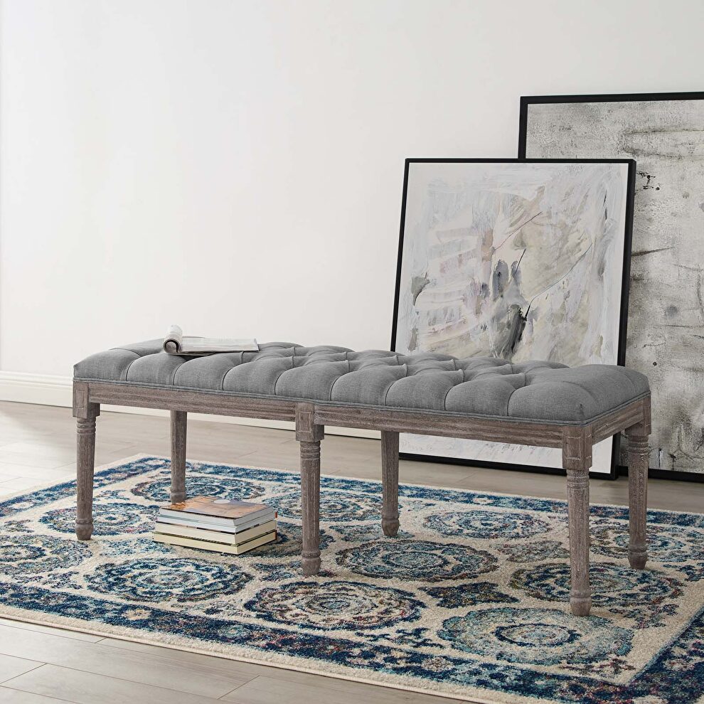 French vintage upholstered fabric bench in light gray by Modway