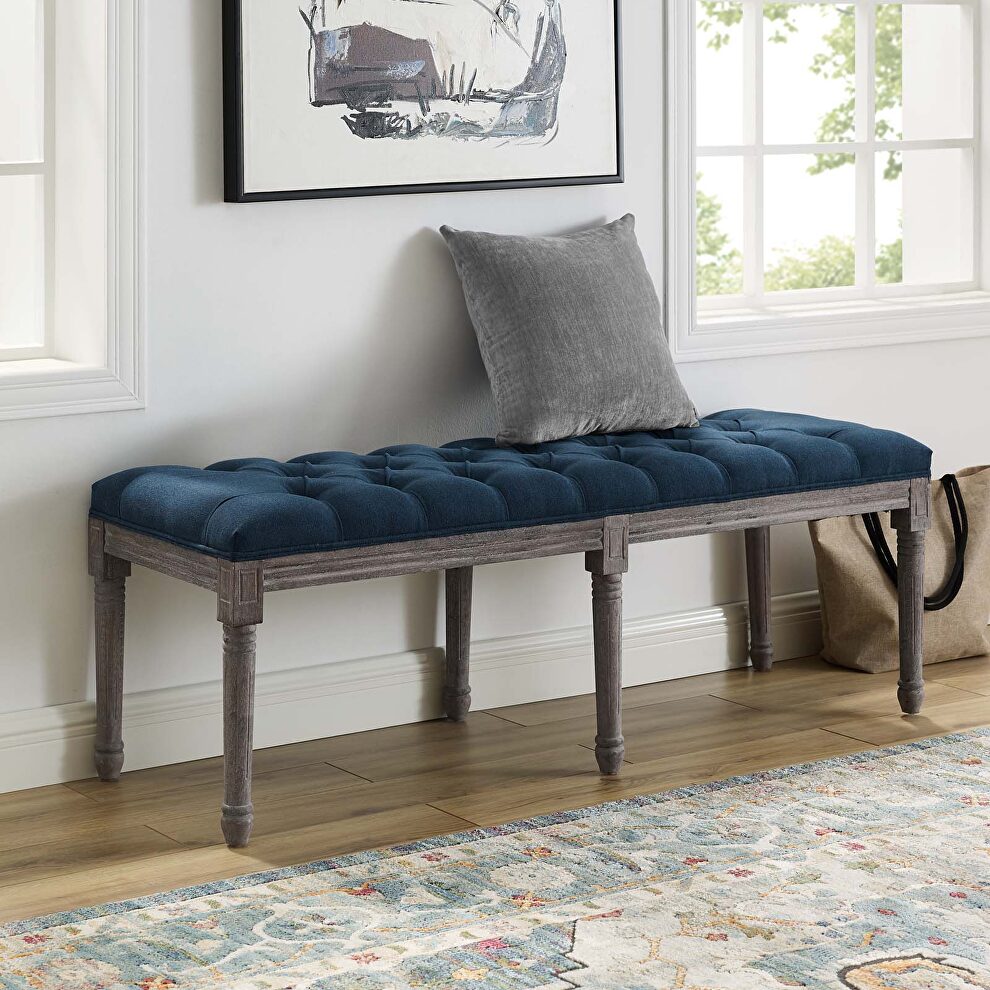 French vintage upholstered fabric bench in navy by Modway
