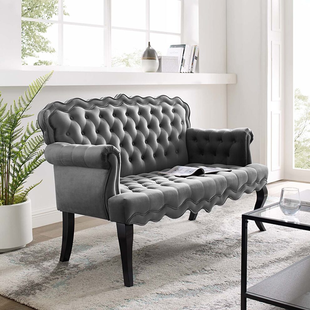 Chesterfield button tufted loveseat performance velvet settee in gray by Modway