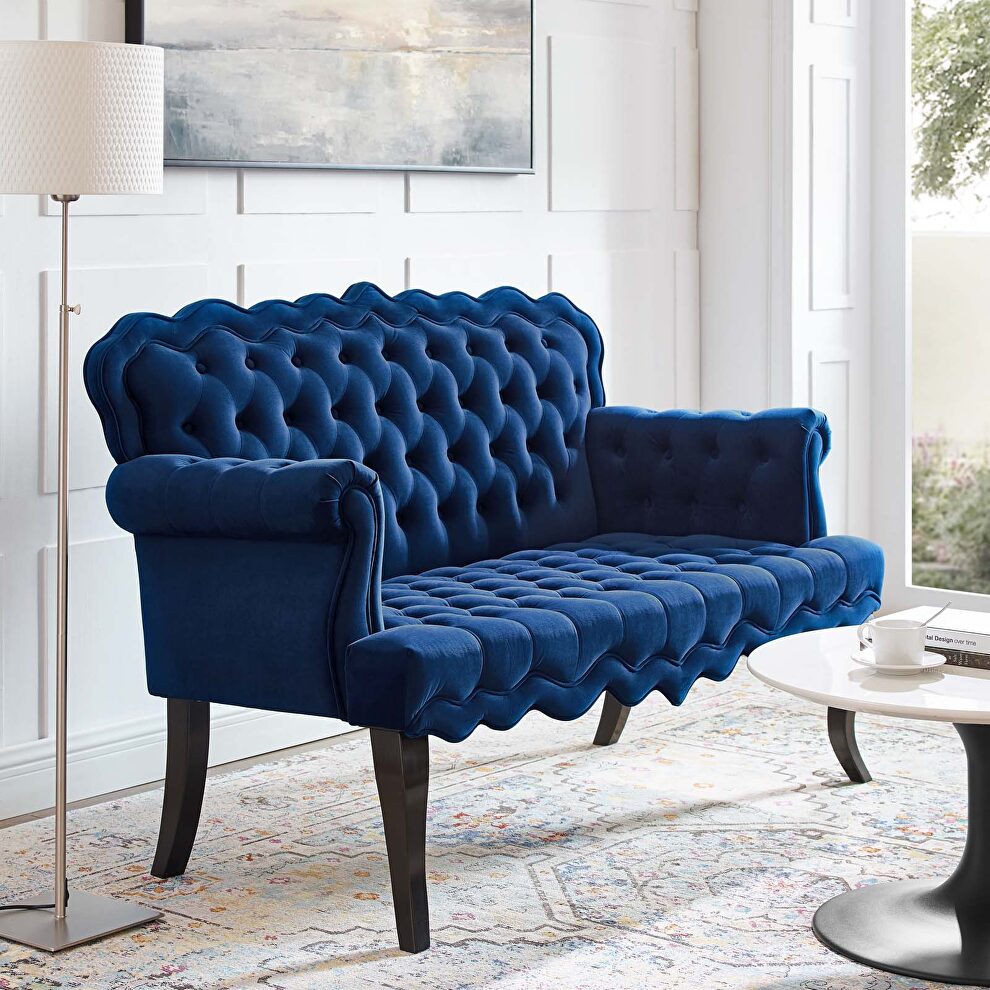 Chesterfield button tufted loveseat performance velvet settee in navy by Modway