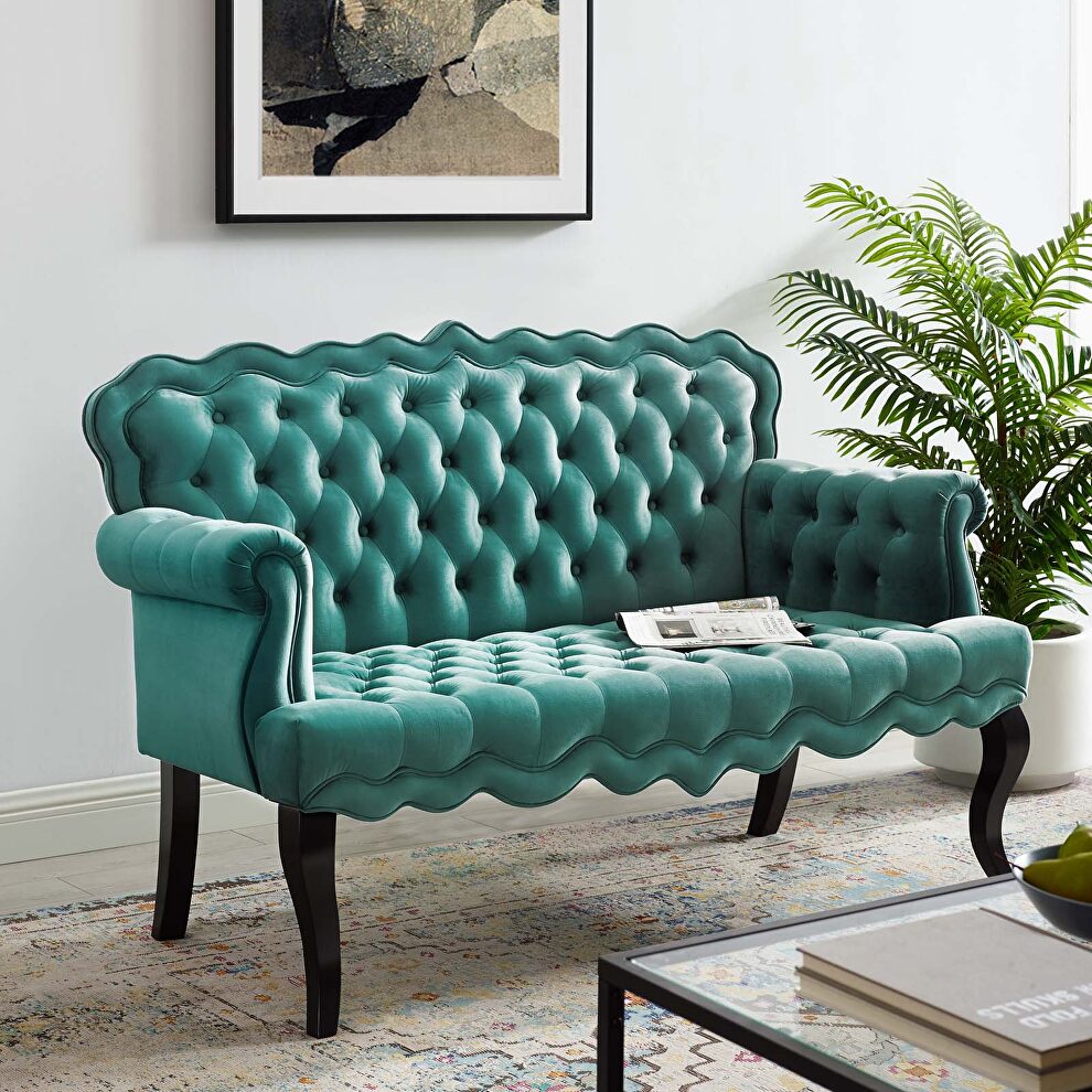 Chesterfield button tufted loveseat performance velvet settee in teal by Modway