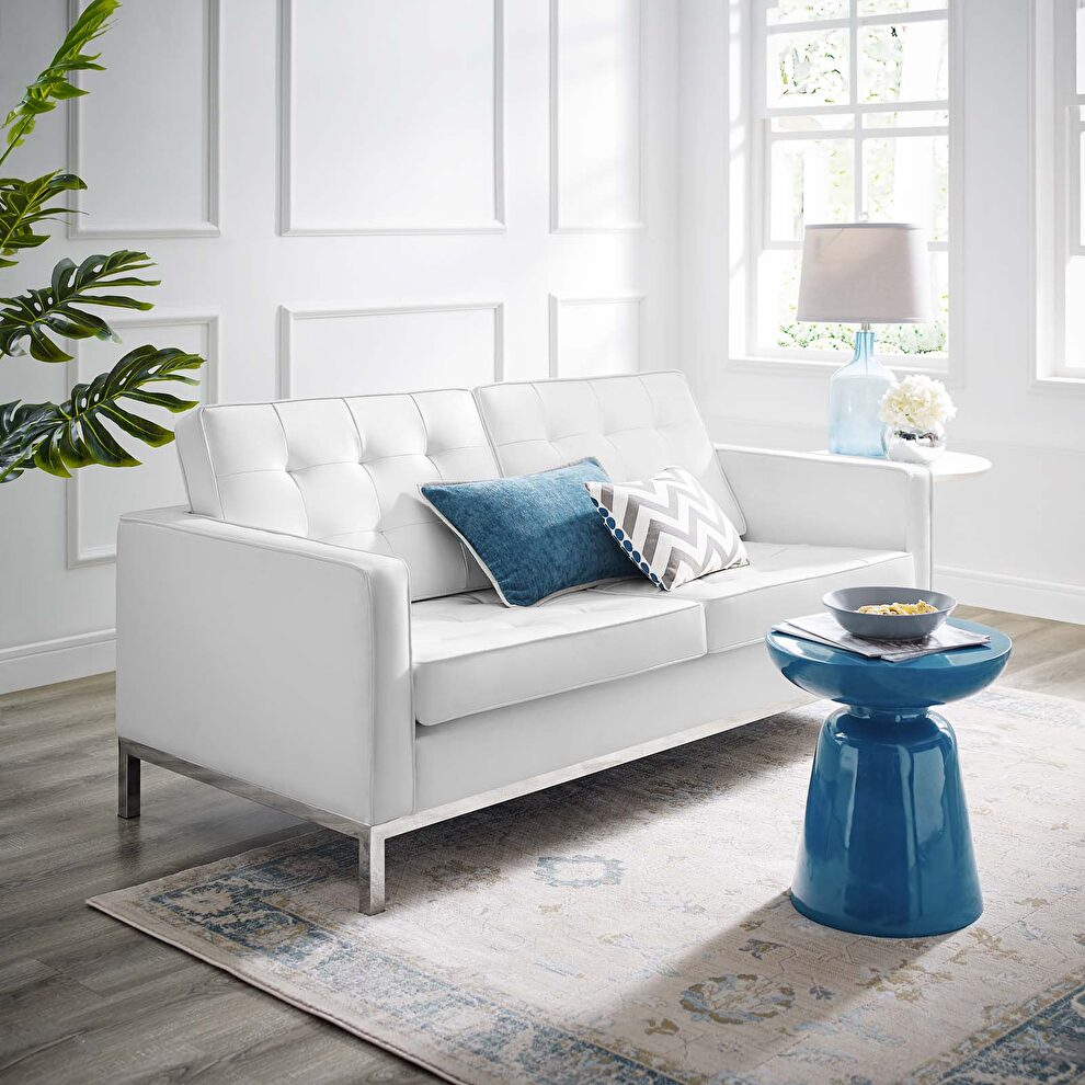 Faux white leather loveseat with silver legs by Modway