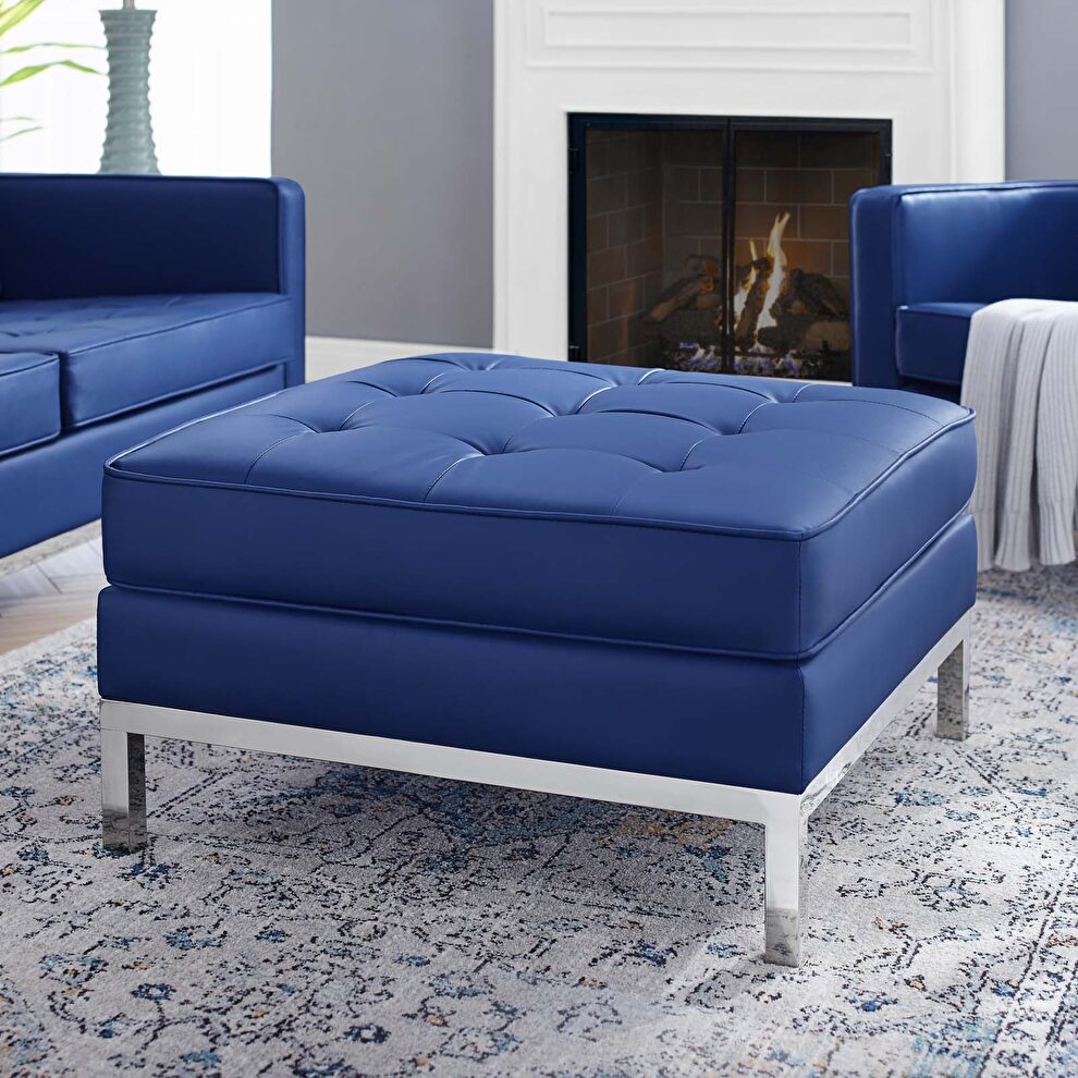 Tufted upholstered faux leather ottoman in silver navy by Modway