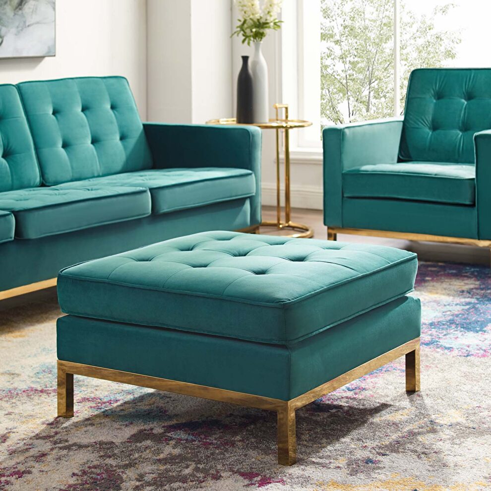 Gold stainless steel leg performance velvet ottoman in gold teal by Modway