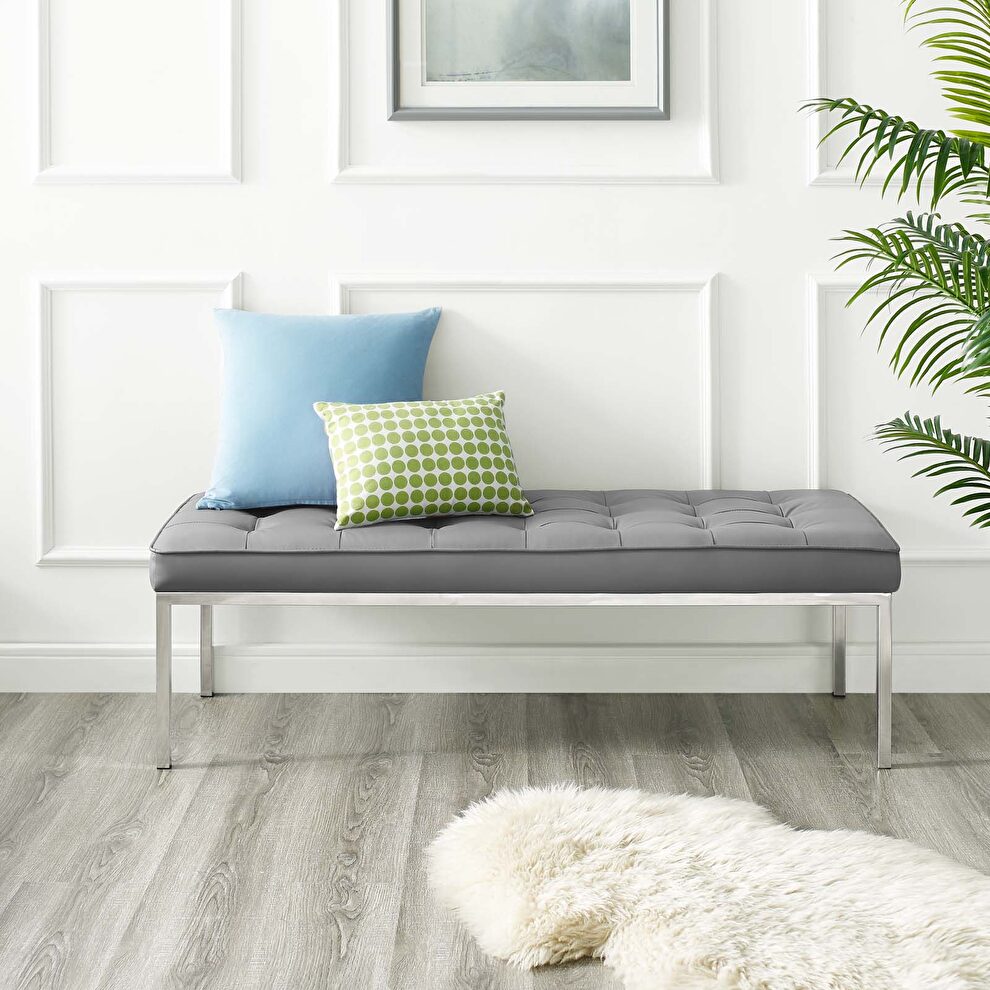 Large bench in silver gray faux leather by Modway