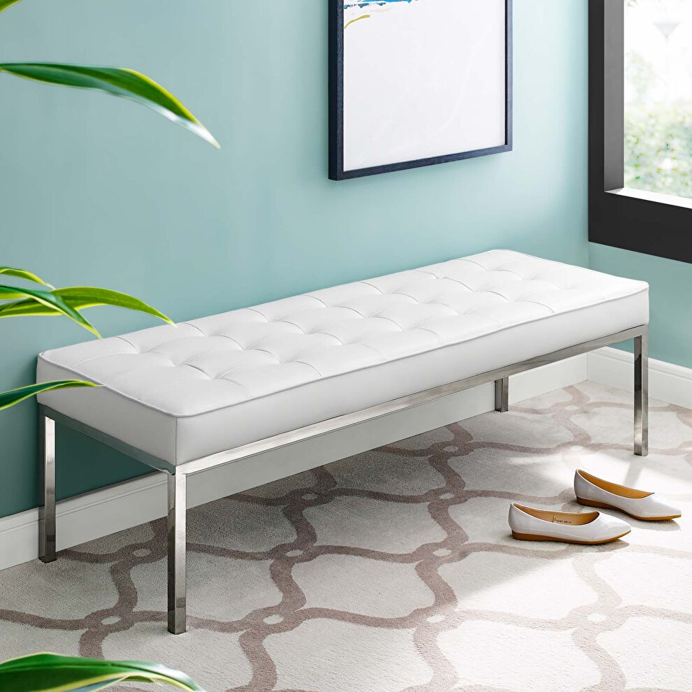 Large bench in silver white faux leather by Modway