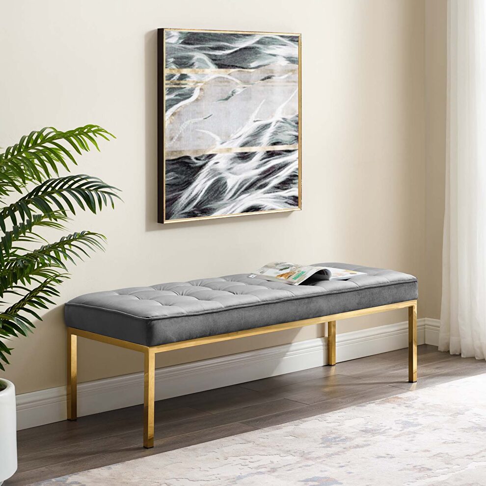 Gold stainless steel leg large performance velvet bench in gold gray by Modway