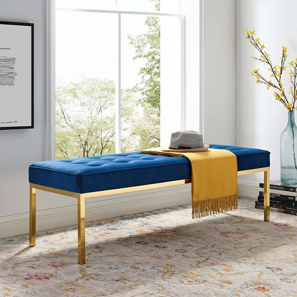 Gold stainless steel leg large performance velvet bench in gold navy by Modway
