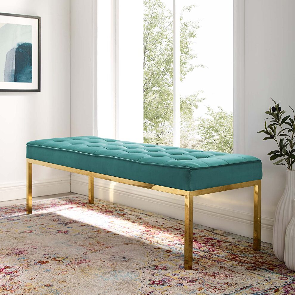 Gold stainless steel leg large performance velvet bench in gold teal by Modway