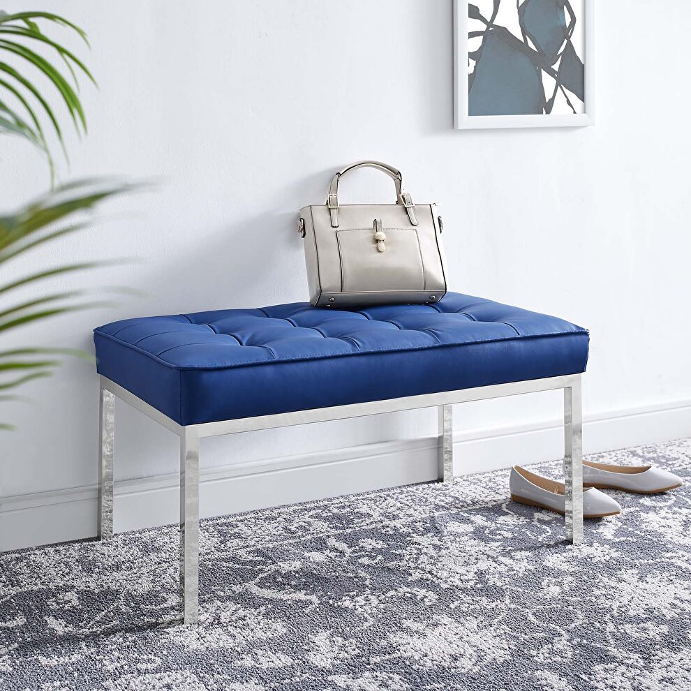 Tufted medium upholstered faux leather bench in silver navy by Modway