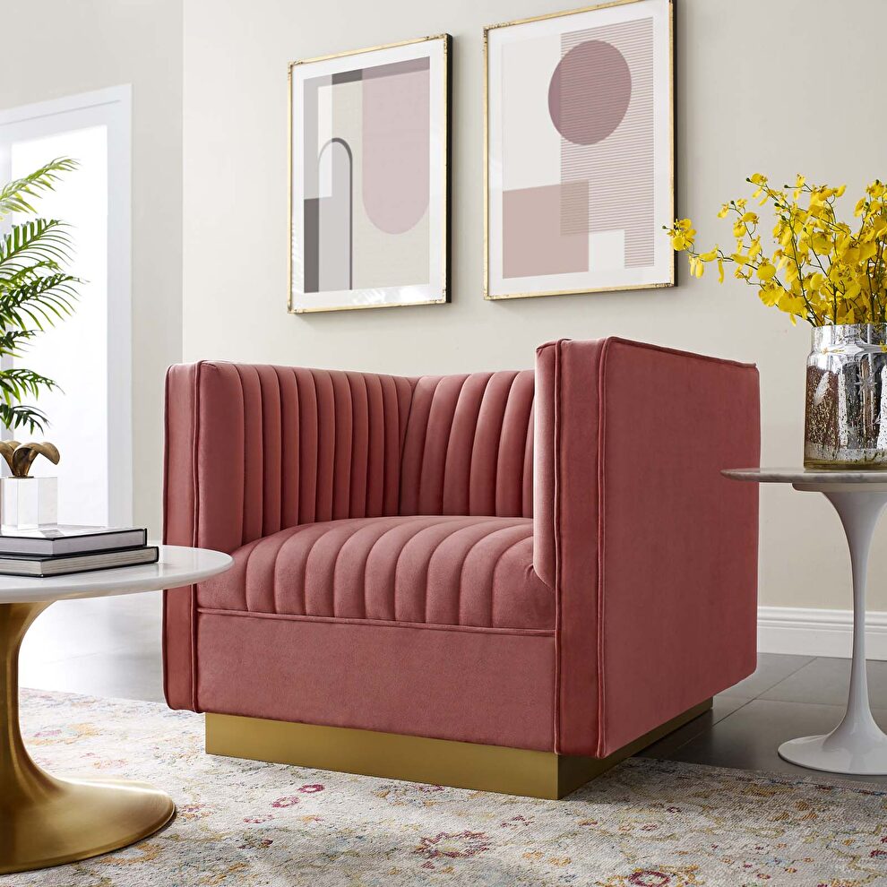 Vertical channel tufted performance velvet chair in dusty rose by Modway