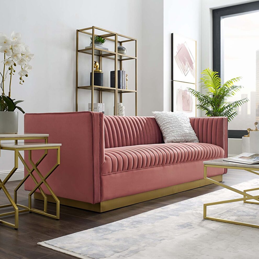 Vertical channel tufted performance velvet sofa in dusty rose by Modway