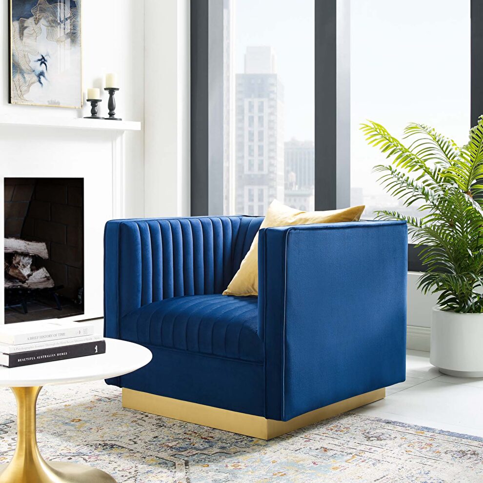 Vertical channel tufted performance velvet chair in navy by Modway