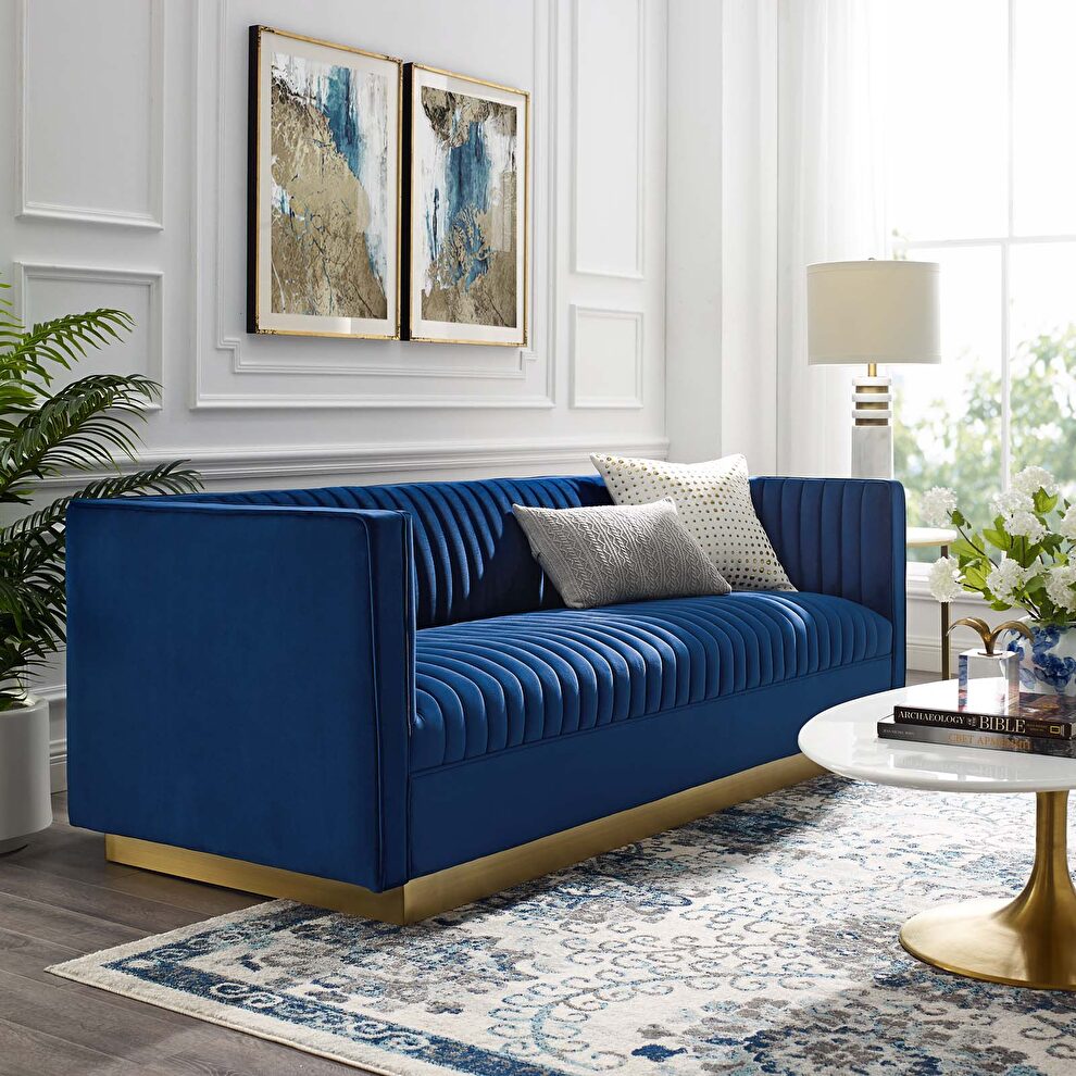 Vertical channel tufted performance velvet sofa in navy by Modway