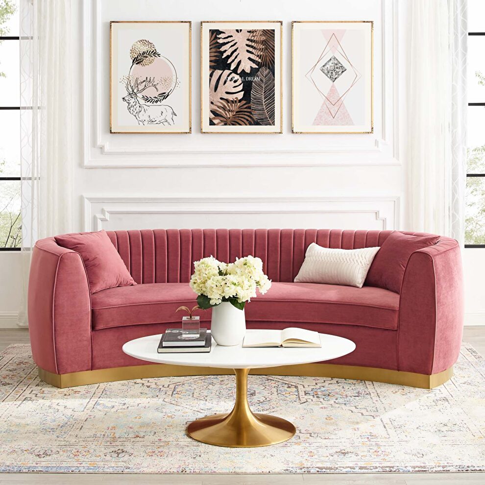 Channel tufted curved performance velvet sofa in dusty rose by Modway