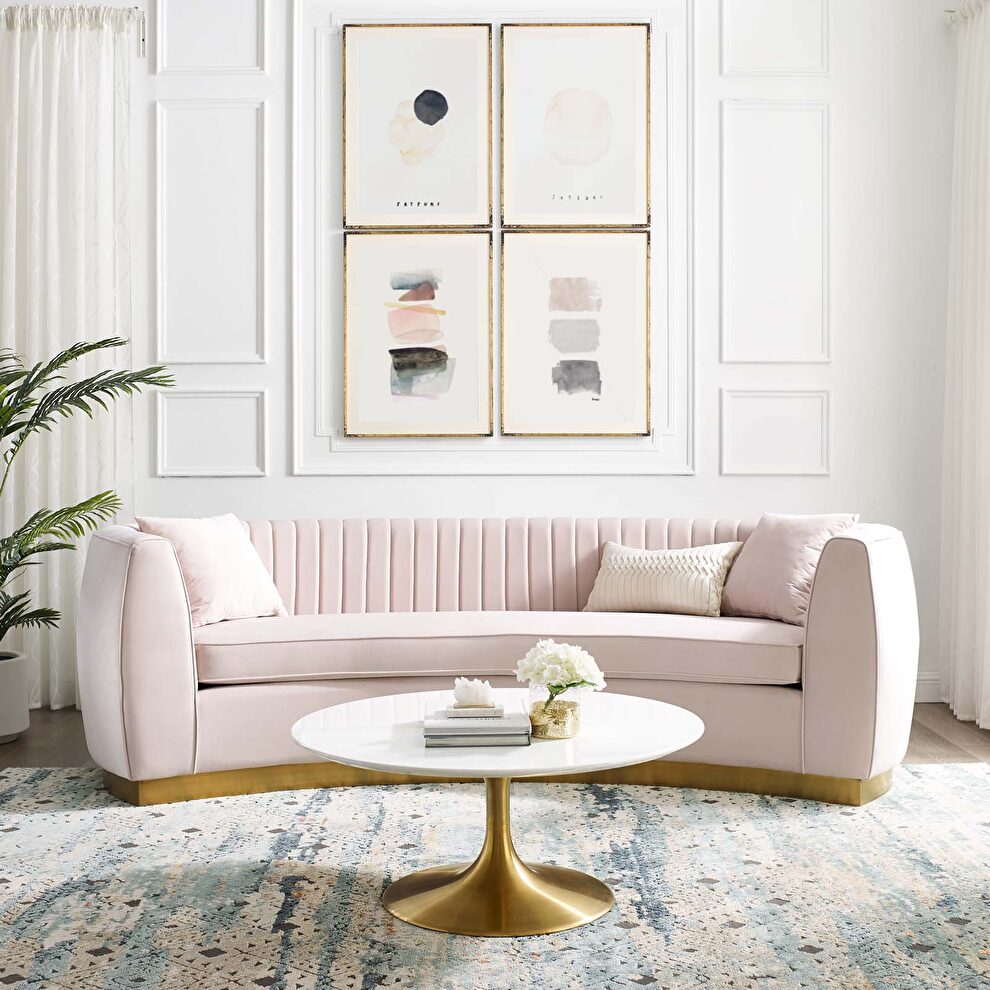 Channel tufted curved performance velvet sofa in pink by Modway