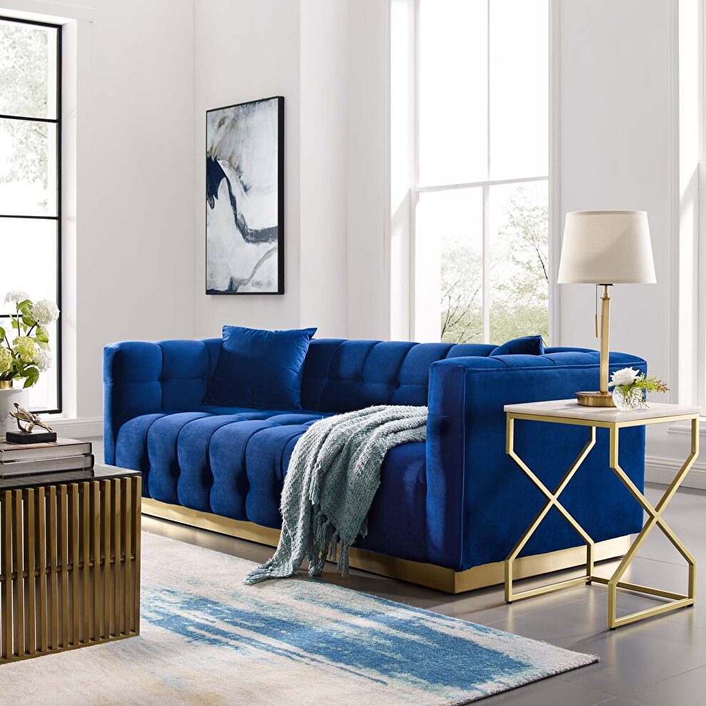 Biscuit tufted performance velvet sofa in navy by Modway
