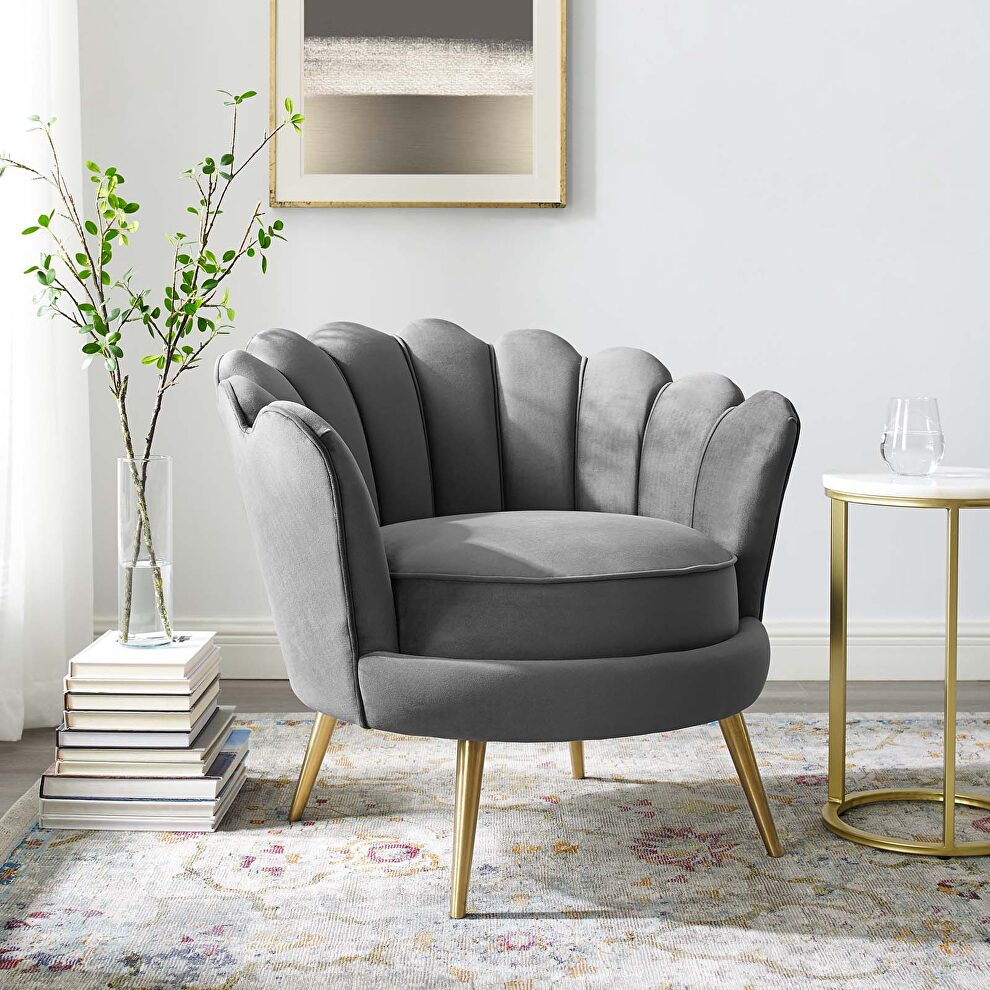 Scalloped edge performance velvet accent armchair in gray by Modway