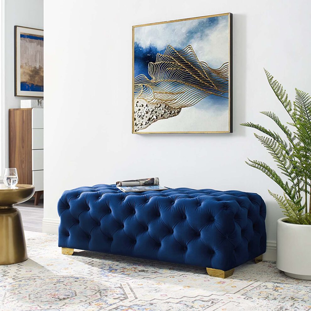 Button tufted performance velvet bench in navy by Modway